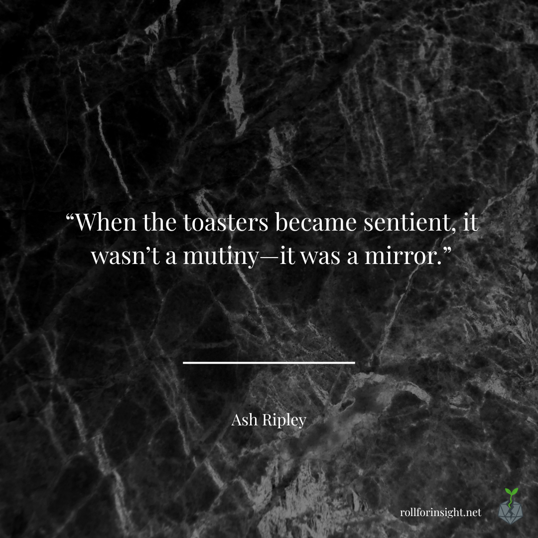 A dark marble-textured background featuring a quote in white text that reads, “When the toasters became sentient, it wasn’t a mutiny—it was a mirror.” Beneath the quote is the name “Ash Ripley,” with the Roll for Insight logo and website URL in the corner.