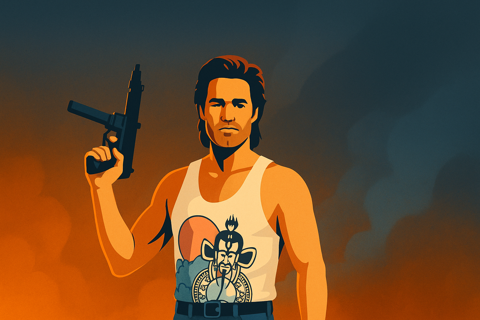 Flat art illustration of a confident 1980s-style action hero standing in a smoky, cinematic setting with warm orange and cool blue lighting.