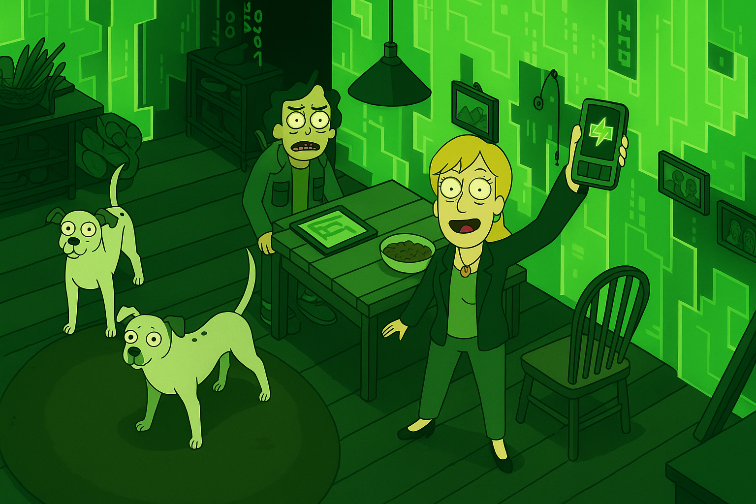 Stylized flat art illustration of a woman holding a glowing phone in front of a green digital matrix background, with a worried man and two dogs in a wooden cabin.