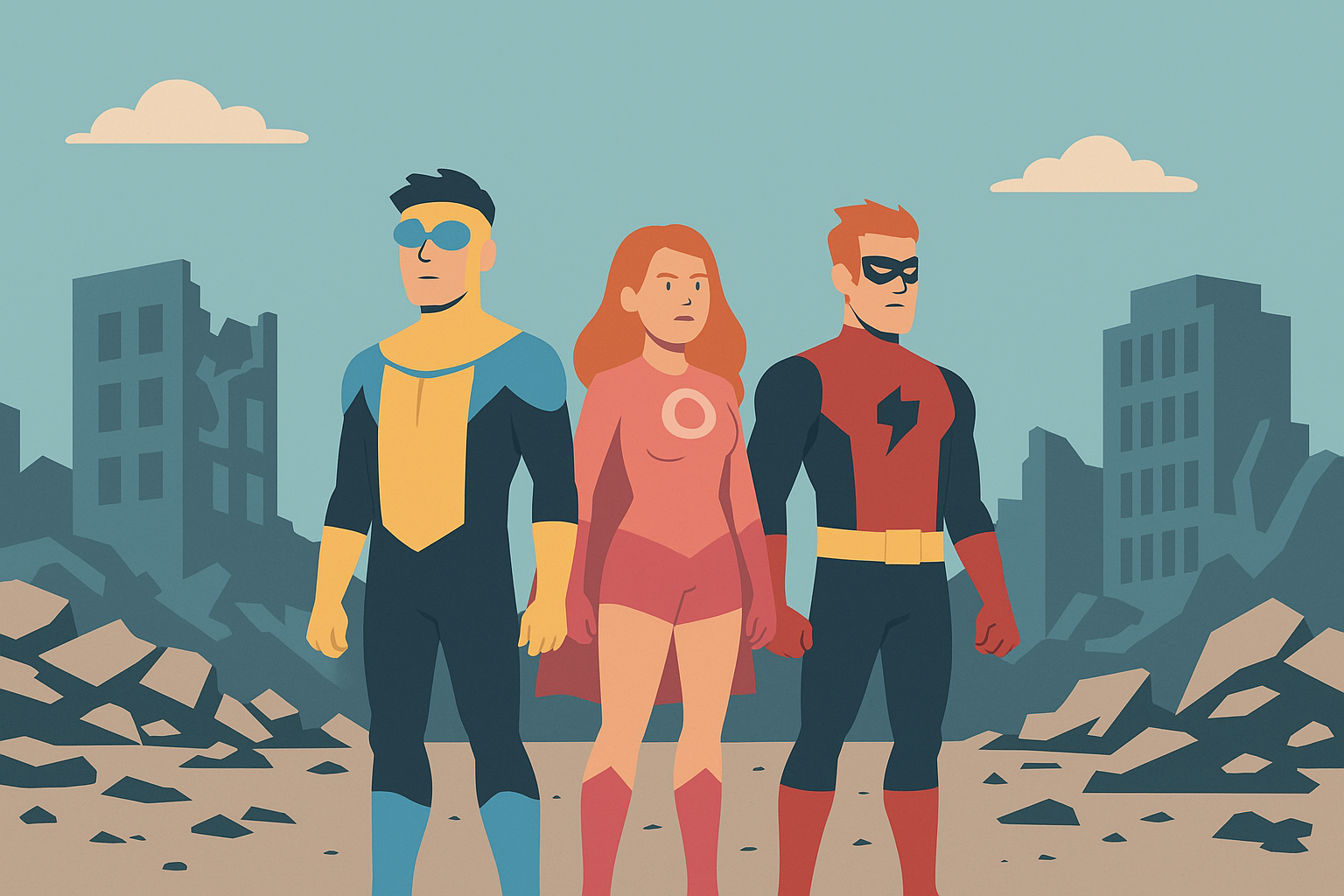 Flat art illustration of Mark Grayson, Atom Eve, and Rex Splode standing in ruined city center, symbolizing rookie leadership under pressure.